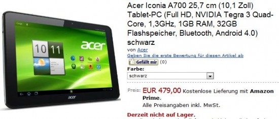 Acer Iconia Tab A700 in prevendita in Germania a 479 euro