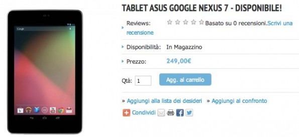 Google Nexus 7 disponibile in Italia sul sito ufficiale di Asus