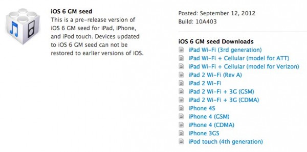 Apple rilascia iOS 6 Golden Master agli sviluppatori