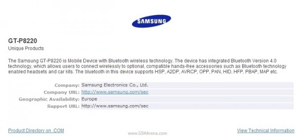 Samsung Galaxy Tab 3 Plus compare sul sito Bluetooth.org