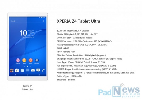 Sony Xperia Z4 Tablet Ultra: nuovo tablet con display da 13 pollici